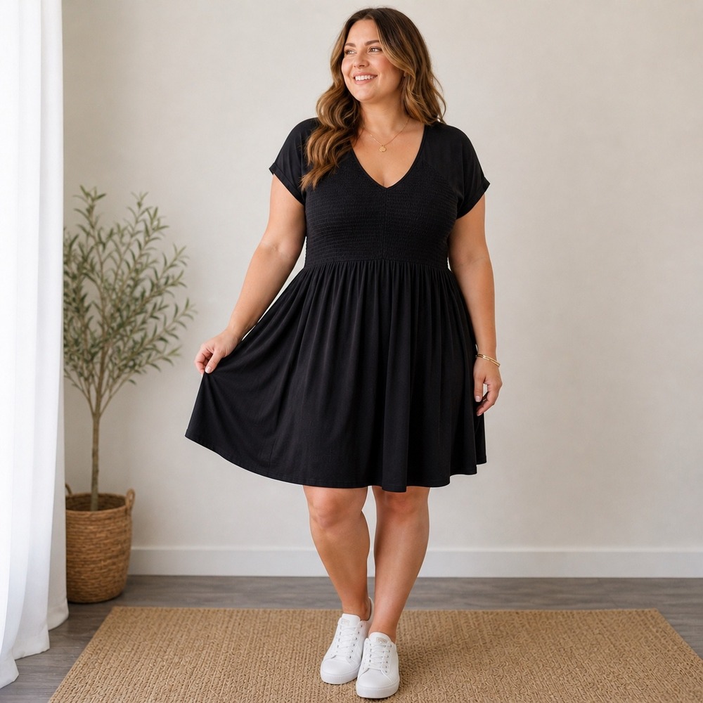 Torrid 3 3X Black Smocked Skater Dress Minimalist Soft Girl Flowy Romantic Goth